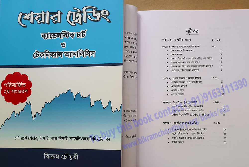 Table of content on the share market book in bangla - Bengali Language. Share trading candlestick chart o technical analysis 2nd Edition July 2023 written by Bikram Choudhury